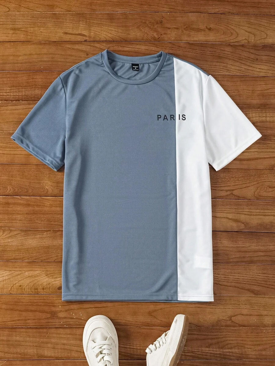 Manfinity NXTstreet Men Letter Graphic Two Tone Tee, Summer - Dusty Blue - View 1