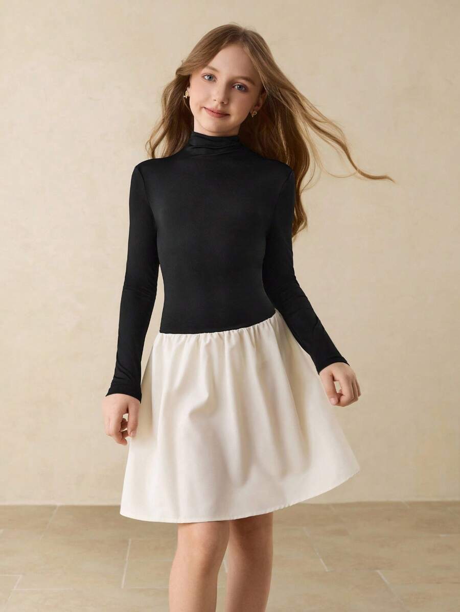 Mädchen einfaches Mode Alltags Halbrollkragen Raglan Langarm figurbetontes Kleid mit Kontrastfarben Design, vielseitig einsetzbar für Schule, Weihnachten, Halloween, alle Jahreszeiten