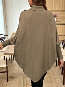 Linhara Poncho de suéter de punto de cable con botón y cuello alto talla grande - Camel - Ver 2