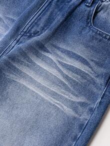 بنطلون جينز واسع الساق مهترئ بتصميم كاجوال رجعي مناسب للجنسين، لفتيات البدناء، باللون الأزرق - الأزرق - مشاهدة 5