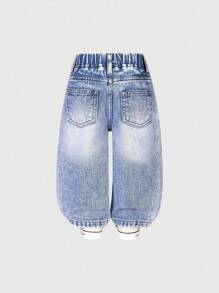 女童休闲牛仔裤，甜美蝴蝶贴花和刺绣设计，中腰修身蓝色牛仔裤 - 藍色 - 查看 3