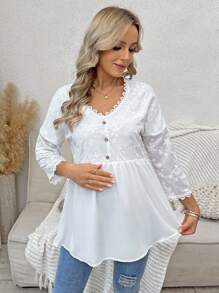 SHEIN Top d'allaitement élégant à manches mi-longues, col rond, avec patchwork en dentelle - Blanc - Voir 7