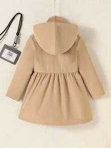 SHEIN Explorewe 女童卡其色保暖连帽双排扣外套，时尚保暖外套，适合2025年返校季穿着，兼具上学和运动功能。女童冬季连帽外套，女童棉质外套，优雅抓绒外套，女童保暖外套，儿童秋季外套。 - 棕色 - 查看 2