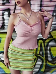 Ruched Bust Lettuce Trim Cami Top - Baby Pink - View 7