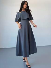 Firerie 女士优雅正式通勤连衣裙，高腰 A 字中长连衣裙，带金属装饰，适合教师和日常穿着，灰色 - 灰色 - 查看 8