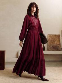 EMERY ROSE 女式纯色简约蕾丝领长袖连衣裙 - 酒紅色 - 查看 5