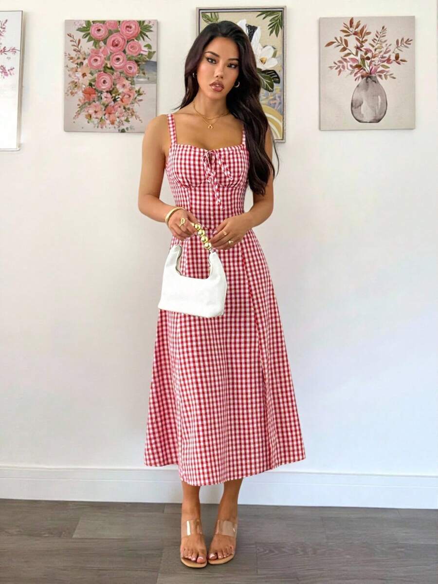 SHEIN PETITE 女士格纹吊带中长连衣裙，时尚适合夏季女士夏季连衣裙