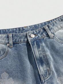 ROMWE MEN Street Life Men's Rhinestone Cross Pattern Denim Shorts - Baby Blue - View 4