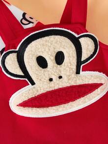 Paul Frank X SHEIN Bộ 2 áo thun dài tay cổ tròn in hình khỉ cho bé gái và váy yếm đỏ - Đỏ và trắng - Xem 5