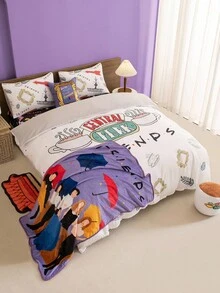 FRIENDS X SHEIN 3pc Coffee Cup Print White Bedding Set,Suitable For Single Bed/Double Bed/Queen Bed/King Bed, Dormitory/Home - Multicolor - View 4