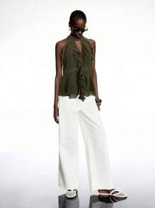 LYSMO 2025 New Arrival Claret Ruffle Chiffon Halter Top With Tie – Boho Summer Style - Army Green - View 4