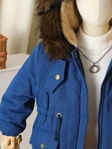 Áo khoác parka dày dặn cho bé gái, áo khoác có mũ trùm đầu bằng lông giả thời trang, cổ áo có khóa kéo, túi ở eo, áo khoác đệm thông thường cho mùa thu/đông - Màu xanh lam - Xem 5