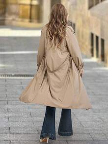 Solivie 女士优雅法式 PU 皮革长款风衣，通勤百搭，秋季 - 卡其色 - 查看 2