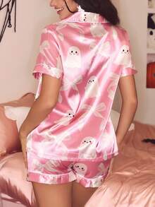 SweetSlumber INS 可爱万圣节幽灵蝴蝶结印花缎面前开睡衣套装女士 - 彩色 - 查看 2