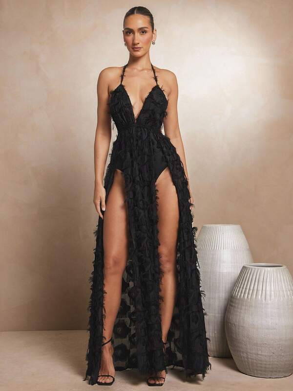 L'Amorae Elegant Fringe High Split Tie Backless Black Dress