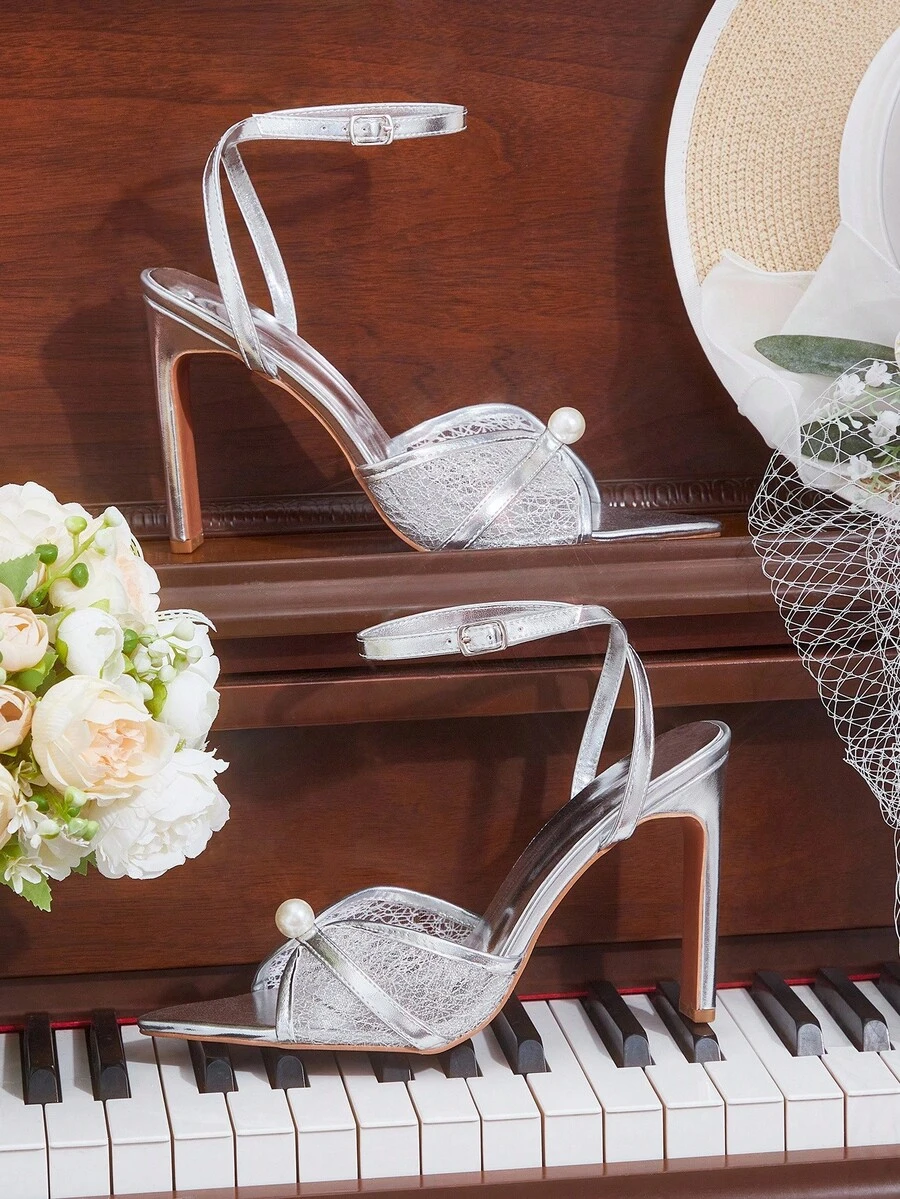 CUCCOO HITCHD Silver Metal PU Mesh Splice Faux Pearl Decor Strap Pointed Toe Elegant High Heel Party Sandals Elegant Shoes Wedding Shoes - Silver - View 1