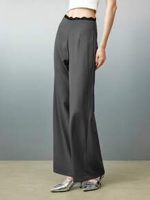 Airlisse Women's Straight Loose Lace Patchwork Formal Elegant Pants - Grey - View 1