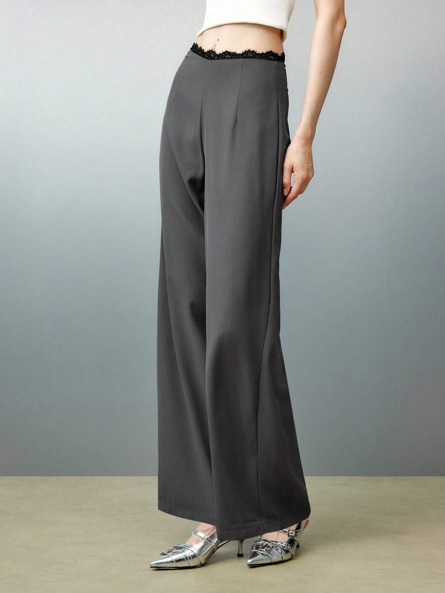 Airlisse Women's Straight Loose Lace Patchwork Formal Elegant Pants - Grey - View 1