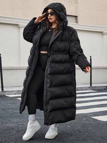 SHEIN CURVE+ 女式加大码连帽长款夹棉外套（配腰带），秋冬 - 黑色 - 查看 5