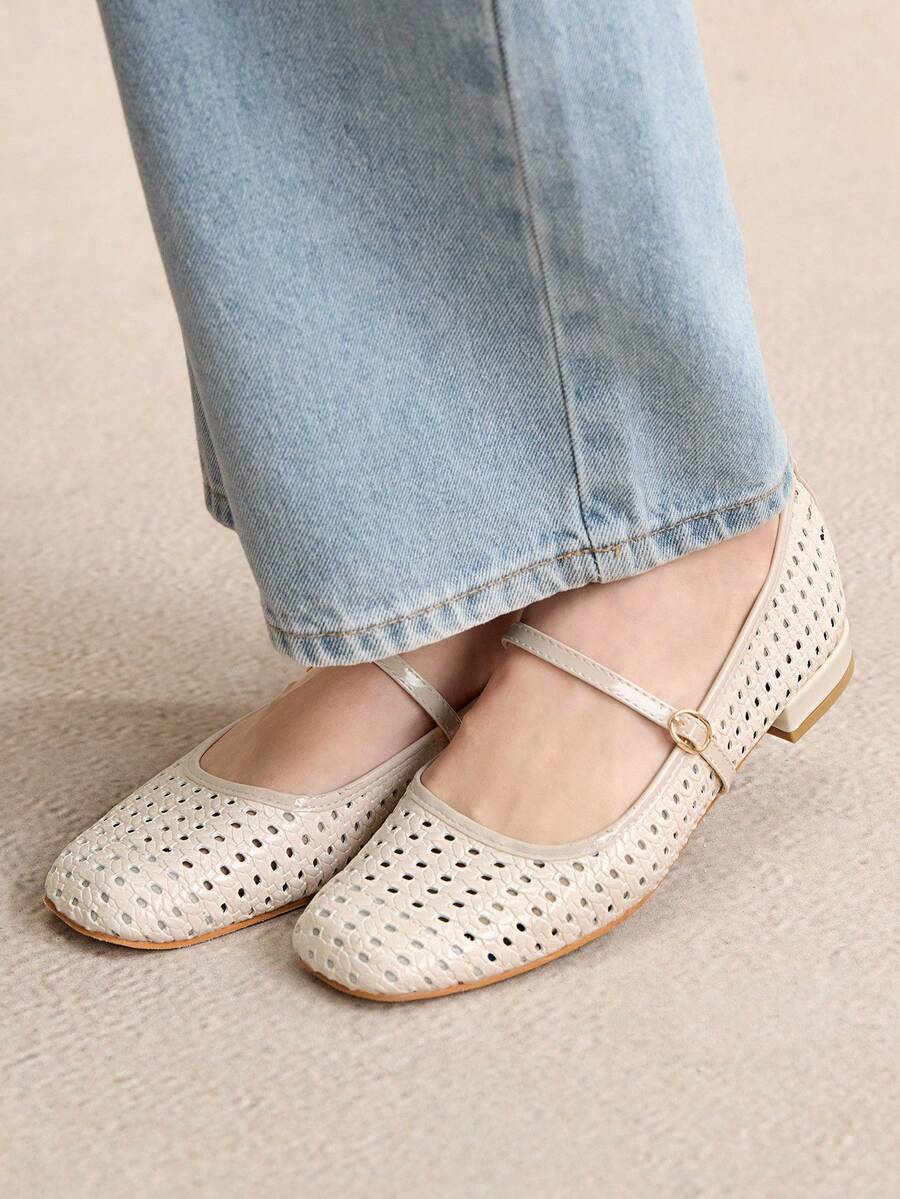 Rosivie 女士编织镂空系带经典复古平底方头休闲一脚蹬乐福鞋，酒红色