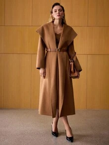 MOTF PREMIUM 羊毛配腰带翻领大衣，秋冬 - 駝色 - 查看 5