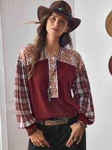 LanaWest Camiseta de manga larga de ajuste holgado con parches de tela, estampado a cuadros y floral diminuto en color burdeos, estilo casual occidental, LanaWes - Burdeos - Ver 1
