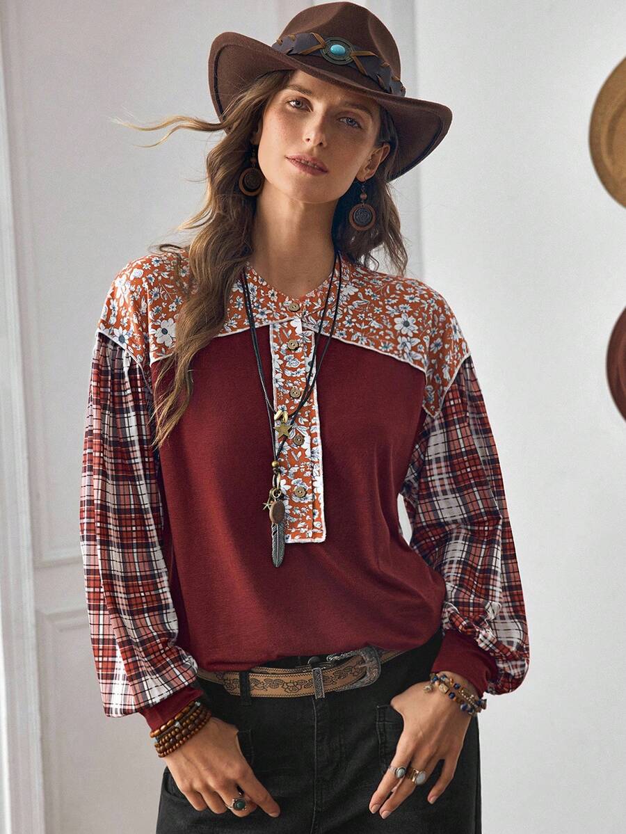 LanaWest Camiseta de manga larga de ajuste holgado con parches de tela, estampado a cuadros y floral diminuto en color burdeos, estilo casual occidental, LanaWes - Burdeos - Ver 1