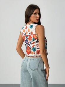 SHEIN Tall 女士休闲花卉印花抽绳夹克，夏季波西米亚风上衣秋冬花卉背心 - 彩色 - 查看 2