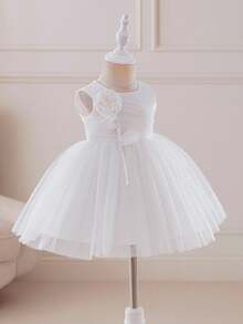 Glamorique Kids 女婴白色缎面薄纱泡泡裙连衣裙，花朵串珠装饰婚礼花童礼服，女婴派对庆典表演服装，女婴无袖吊带裙 - 米色 - 查看 3