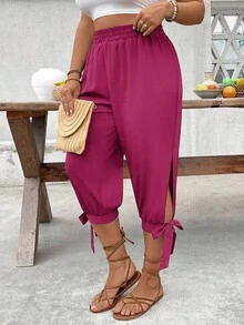 EMERY ROSE Plus Size High Waist Drawstring 3/4 Pants, Spring/Summer - Hot Pink - View 3