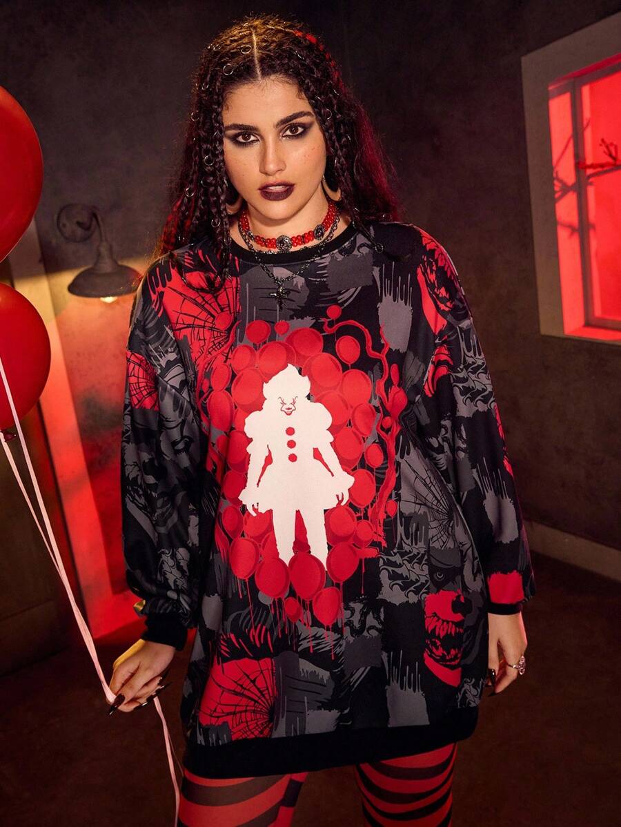 IT x SHEIN 大码恐怖电影图案圆领长袖T恤 - 彩色 - 查看 1
