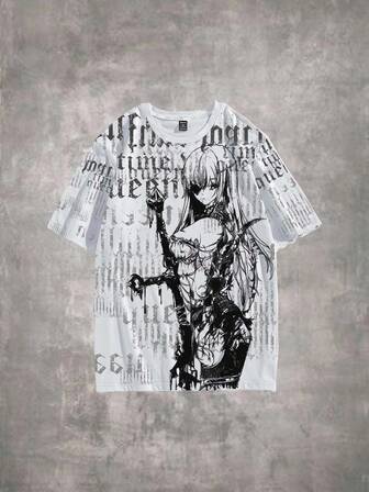 Street Life Men's Summer Fashion Cartoon Japan Style Character & Letter Print T-Shirt
