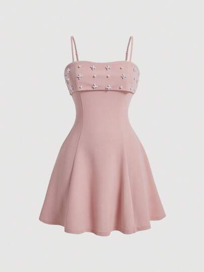 SHEIN MOD 女士粉色串珠腰部收腰细肩带连衣裙