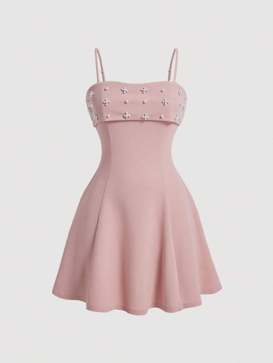 SHEIN MOD 女士粉色串珠腰部收腰细肩带连衣裙