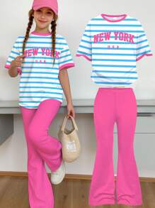 SHEIN Tween 女孩休闲简约蓝色条纹“NEW YORK”图案，撞色粉色，返校，学院风，短袖上衣和裤子两件套，适合夏季，图案 T 恤，复古，女孩返校服装，节日服装，可爱，卡哇伊，返校，休闲，针线活，返校，猎豹印花 - 彩色 - 查看 2