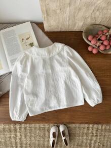 LMoss Kids 年轻女孩纯色刺绣领休闲衬衫 - 白色 - 查看 2