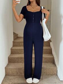 SHEIN 孕妇拼布前扣系腰休闲连体裤 - 藏蓝色 - 查看 4