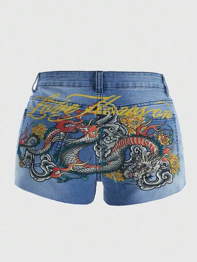 Grunge Punk Shorts vaqueros de tiro bajo y súper cortos con estampado de tótem de dragón para mujer, estilo Y2K