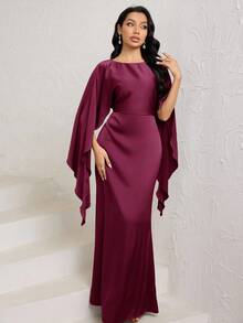 Veilorie 女士优雅摩卡棕色圆领斗篷袖鱼尾下摆缎面长裙 - 藕粉色 - 查看 4