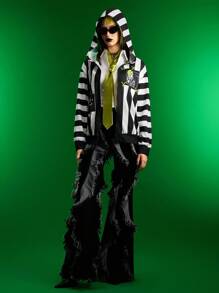 Beetlejuice X SHEIN 女士休闲时尚街头时尚深色卡通标语图案黑白条纹拉链连帽衫，春秋季 - 黑與白 - 查看 4