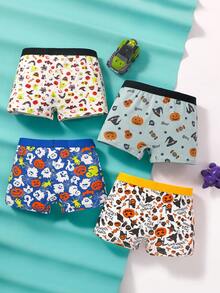 4pcs Boys' Halloween Pumpkin & Ghost Graphic Comfortable Boxer Briefs