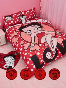 Betty Boop x SHEIN 波点爱心图案被套套装，温暖柔软，多种尺寸可选，三件套，礼品之选，派对、节日、情人节适用 - 彩色 - 查看 12