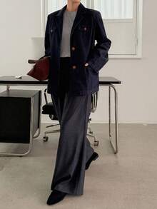 DAZY 女式翻领前开襟宽松牛仔西装外套，休闲都市风格 - 深色水洗藍 - 查看 3