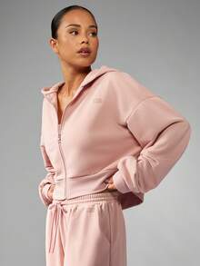 MISSGUIDED 舒适短款全拉链连帽衫拉绒羊毛运动衫冬季休闲必备连帽衫带抽绳罗纹下摆休闲日常层 - 藕粉色 - 查看 5