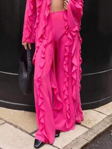 GENKIRA 玫红色雪纺荷叶边下摆女裤 - 玫紅色 - 查看 4