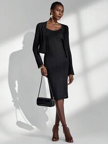 Almamuse 女士优雅修身针织长袖连衣裙套装