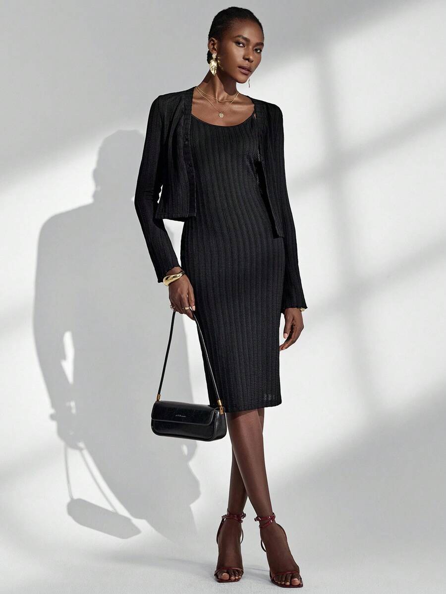 Almamuse 女士优雅修身针织长袖连衣裙套装