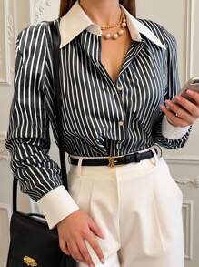 INAWLY 女式纽扣长袖休闲宽松条纹衬衫女式衬衫 - 黑色 - 查看 3