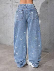 SHEIN Tall 女式低腰蝴蝶刺绣水钻水洗直筒宽松牛仔裤 - 中等水洗藍 - 查看 2