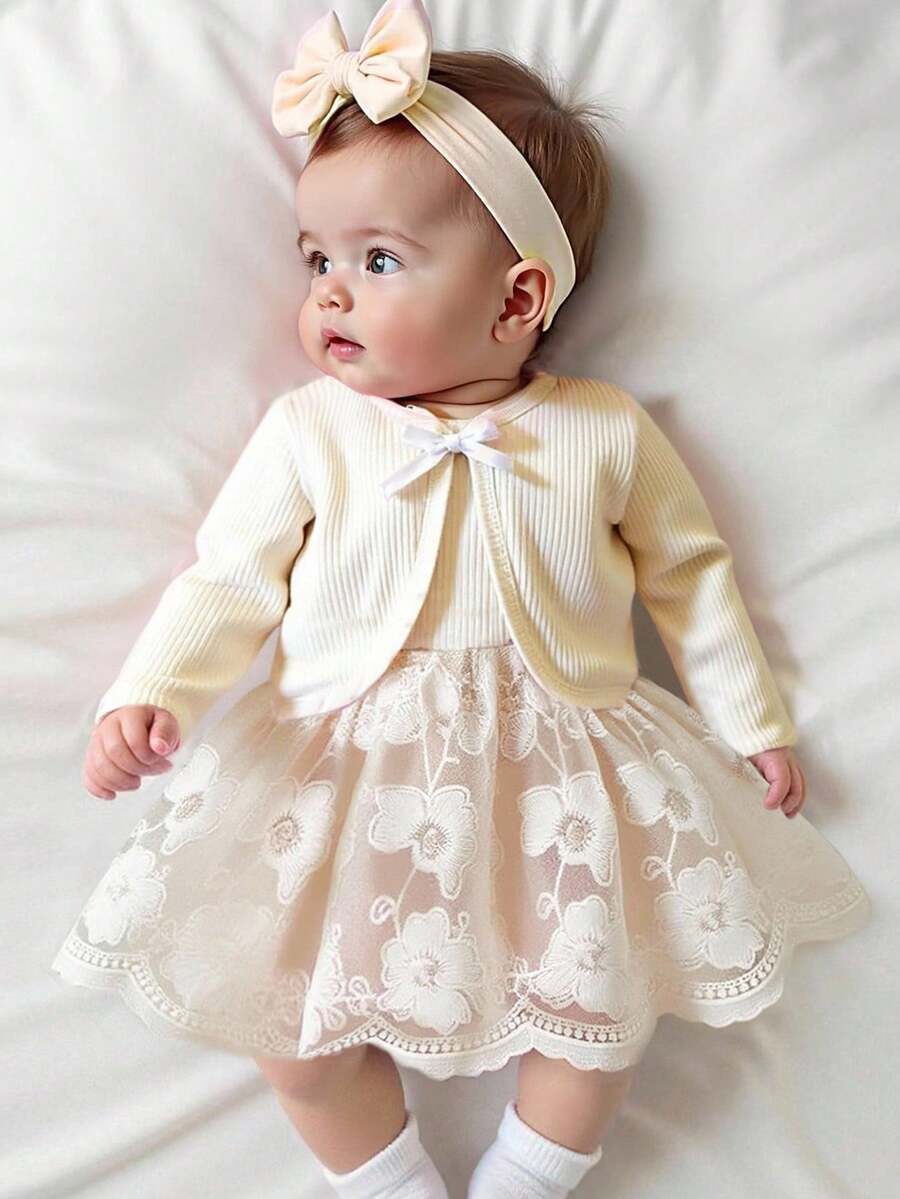 SHEIN The Baby Girl's Fashionable, Elegant And Sweet Apricot Strappy Jacquard Mesh Dress Pairs Well With A Long-Sleeved, Wavy Short Coat With A Bow, Making It Suitable For Daily Wear, Going To School, Attending Gatherings, And Outdoor Spring And Autumn - Apricot - View 1